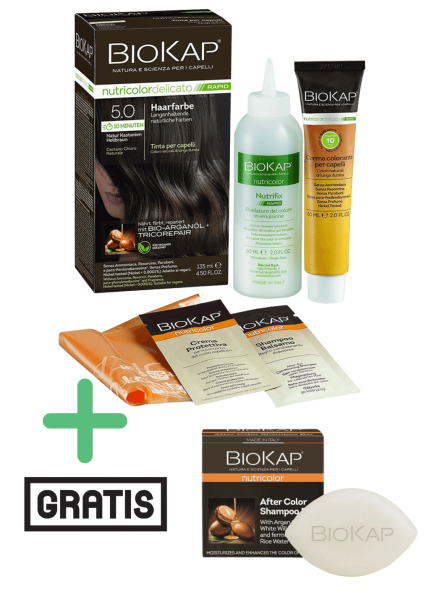 BioKap Haarfarbe Natur Kastanien Hellbraun Nr. 5.0 plus After Color festes Shampoo gratis